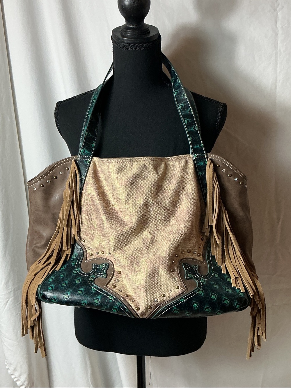 Catchfly Fringed Multi-Texture Tote in Tan, Teal Green & Brown